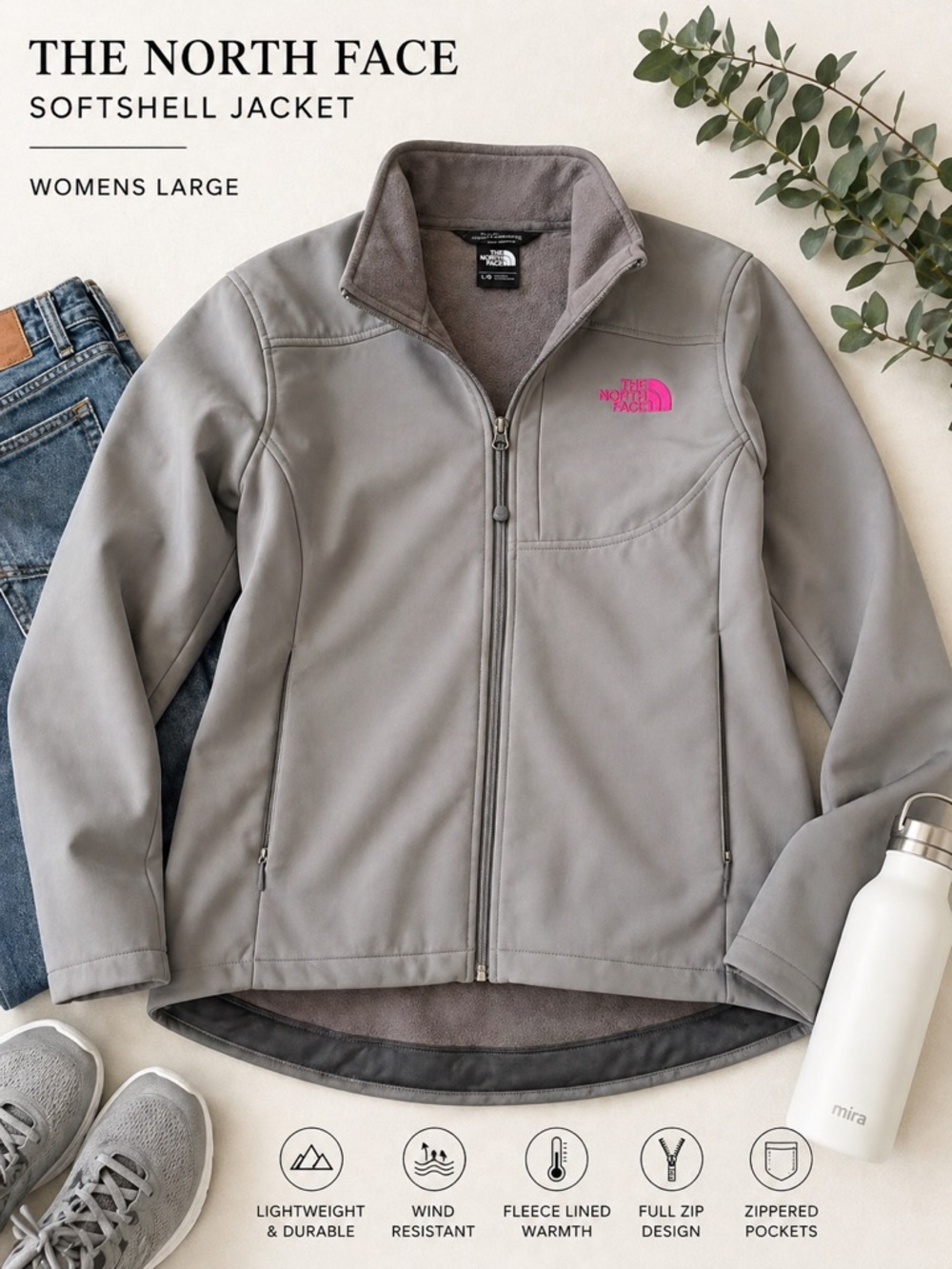 The North Face Gray Softshell Jacket Pink Logo Womens Lg Full Zip Fleece Lined